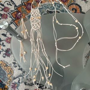 NWOT, Womens Bohemian Long Necklace & Pierced Earrings, cream color